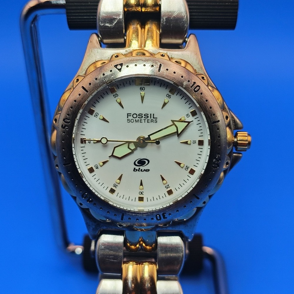 Vintage‎ 1996 Fossil Blue 34mm Two Tone Women's Quartz Watch Lume Fully Restored